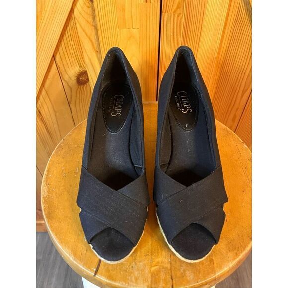Chaps Heels Womens 8.5 Dakoda Slip On Peep Toe Espadrille Wedge Black Fabric - Picture 2 of 6